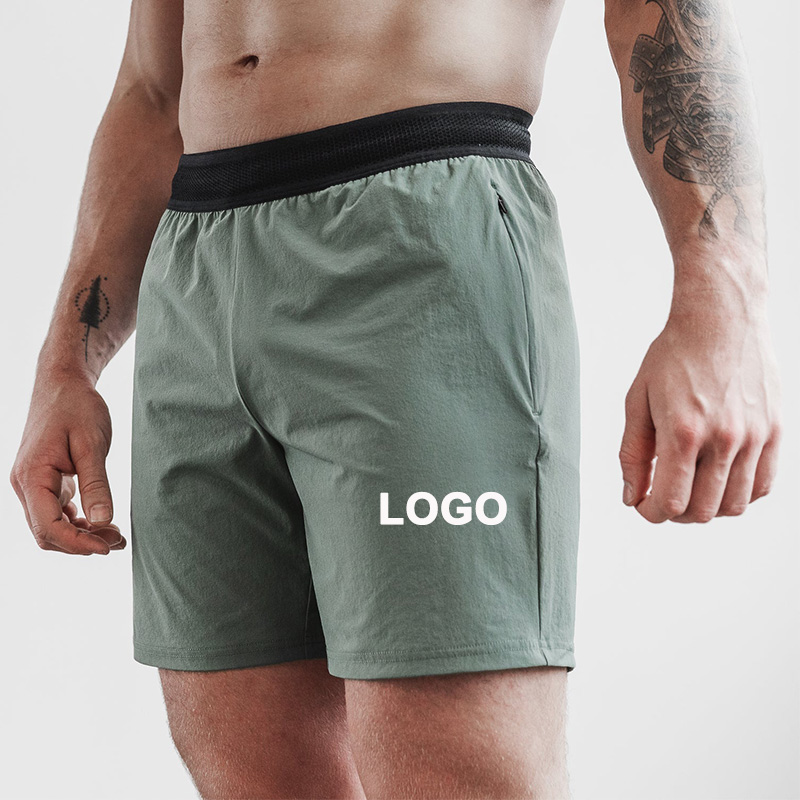 Custom Men Shorts Black Drawstring Waistband 87% Nylon 13% Spandex Woven Invisible Zipper Pockets