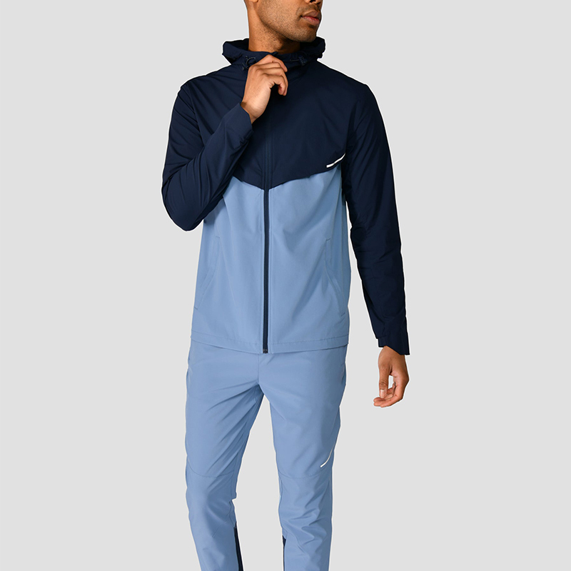Midnight Blue And Slate Grey Men Jacket Lightweight 88% Polyester 12% Elastane Adjustable Hood Factory Wholesale Custom Supplier