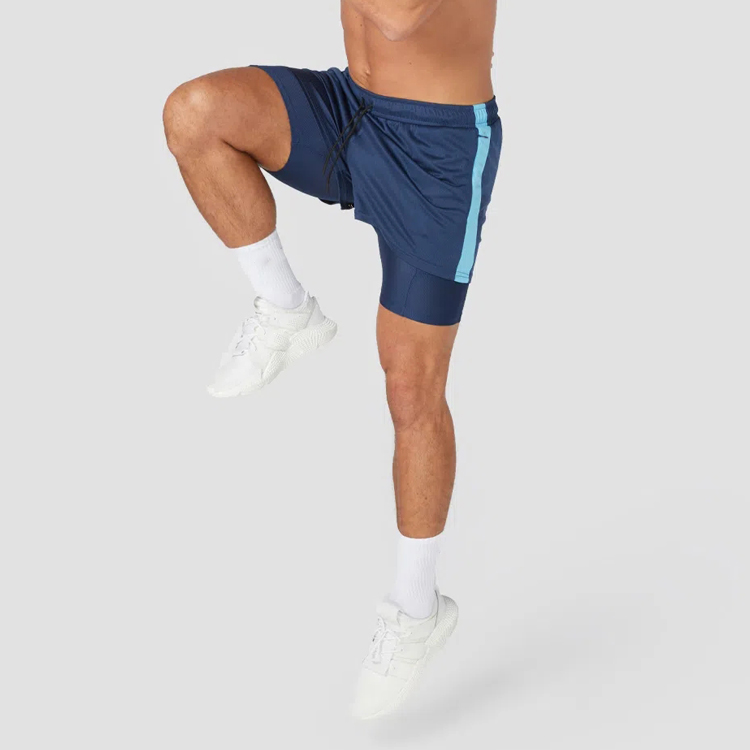 OEM Drawstring Waist Side Strip Fitness Athletic 2 In 1 Mesh Gym Shorts Custom Logo For Men detail pictures