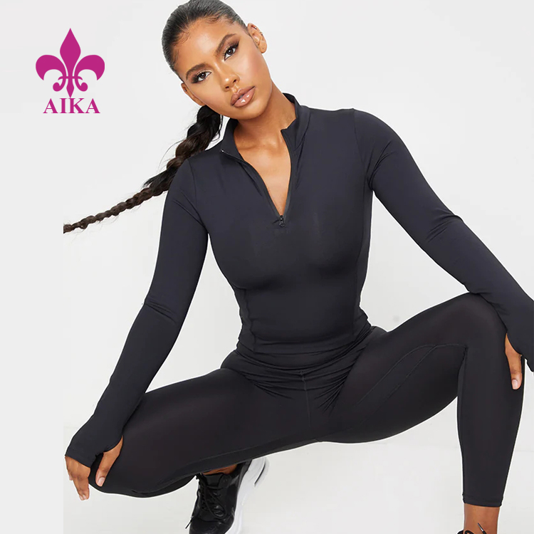 2021 High Quality Women Polyester Cropped Long Sleeve Gym Sports T Shirt Fitness Zipper Top