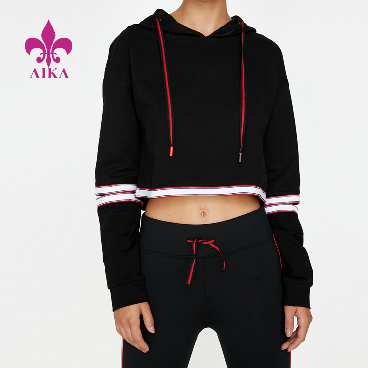 Custom Woven Brand OEM Sportswears Ladies Plain Women’s Crop Top Black Hoodie