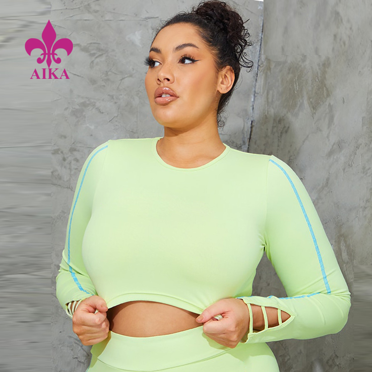 Factory Free sample Sports Shorts -
Fashion Design Ladies Cut Out Piping Plus Size Long Sleeve Cropped Gym Top T Shirt Fitness For Women – AIKA detail pictures