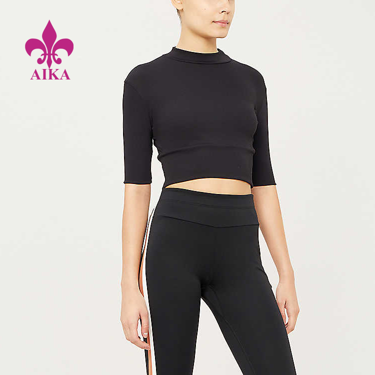 High Quality Custom All-over Ribbed Pattern Short Sleeves Yoga Sports Crop Top