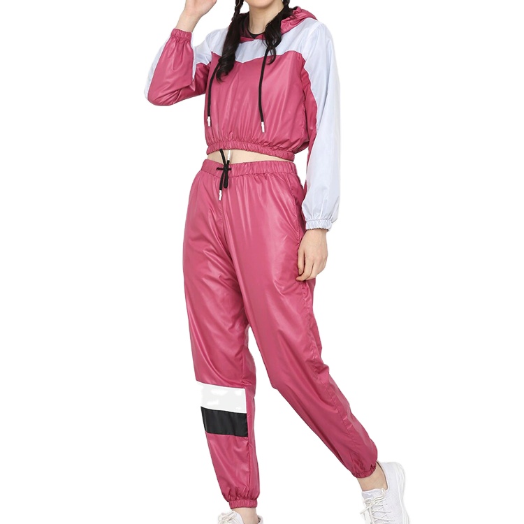 Fashion Design Breathable Contrast Color Woven Crop Top Gym Tracksuit For Women detail pictures