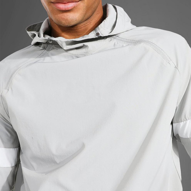 Factory Price Woven Nylon Spandex Gym Windbreaker Hoodie With Zip Kangaroo Pocket detail pictures