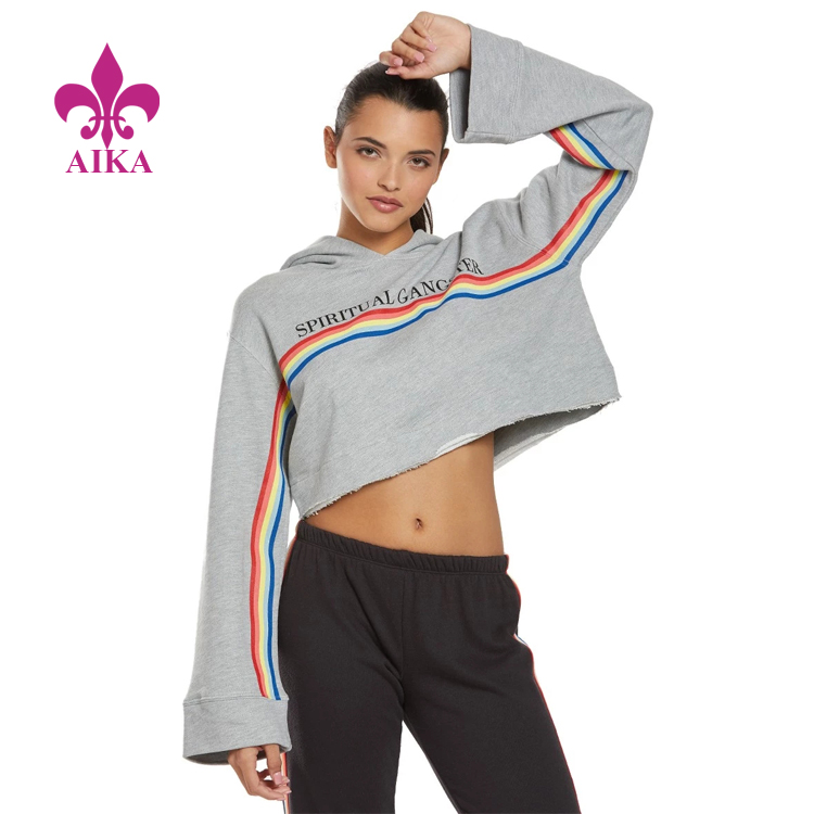 Hot Sale Autumn Popular Oversize Rainbow Stripe Front Cropped Hoodie Women Sweatshirt