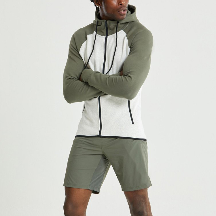 Wholesale Customize Color Panel Design Workout Slim Fit Full Zip Up Men Hoodie detail pictures