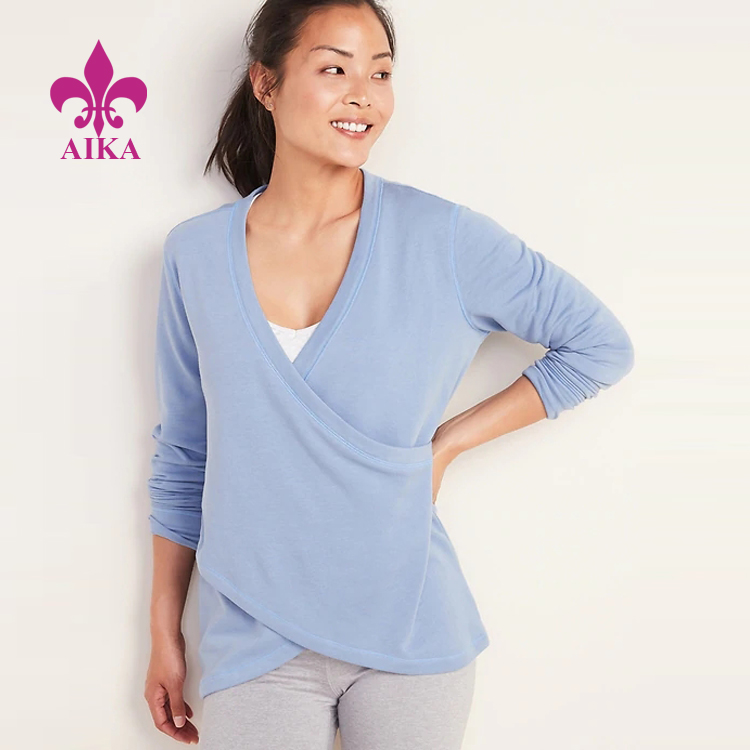 Wholesale women hoodies regular fit faux wrap gym fitness wear yoga pullover sweatshirt