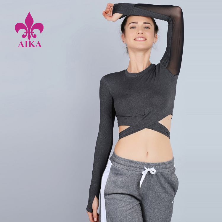 New arrival women’s pop stop mesh sleeve activewear women crop top fitness gym shirt