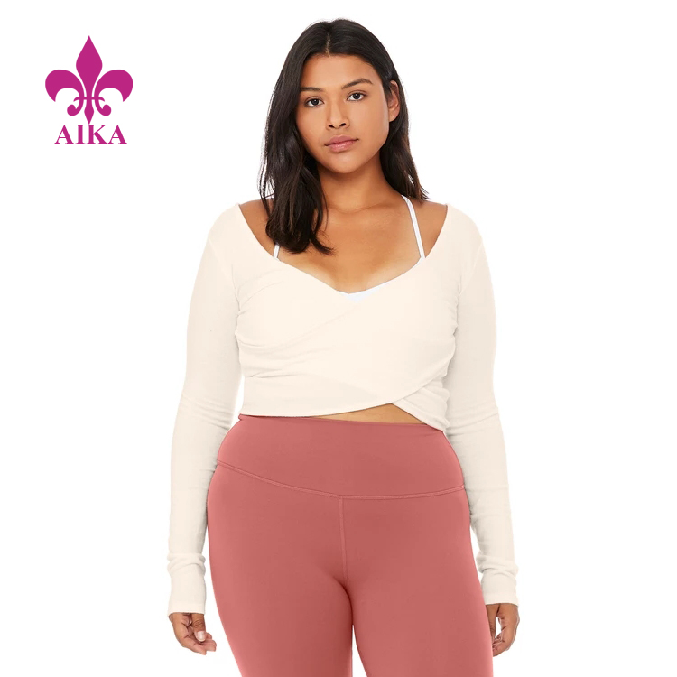 Custom Ladies Sports Wear Oversize Wrap Front Slim Rib Crop Long Sleeve Top