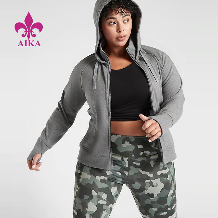 Custom Wholesale Plus Size Organic Cotton/Spandex Women Zip Up Sports Gym Hoodie Jacket