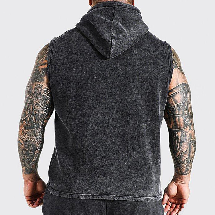 Custom Logo Muscle Vintage Wash Sleeveless Hoodie For Men With Kangaroo Pocket detail pictures