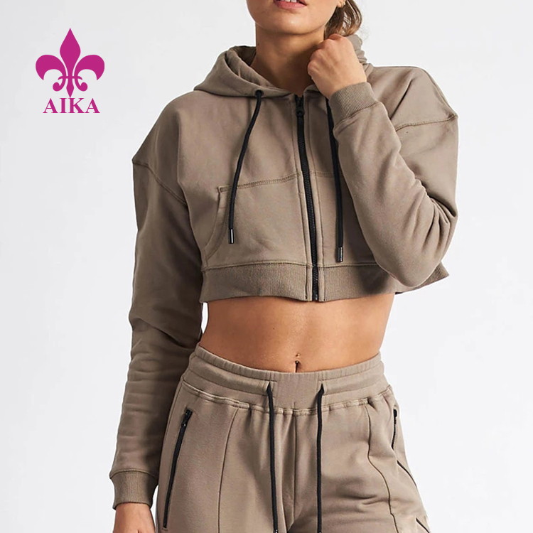 OEM Factory Price Custom Sports Wear Wholesale Ladies Gym Zip Up Crop Hoodies For Women