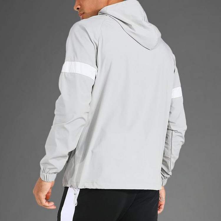 Factory Price Woven Nylon Spandex Gym Windbreaker Hoodie With Zip Kangaroo Pocket detail pictures