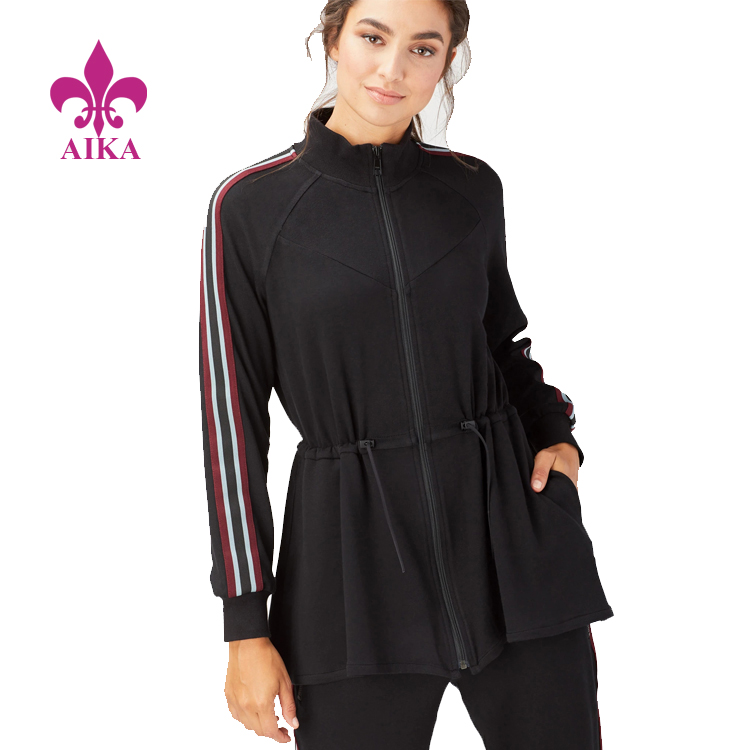 Custom Active Wear Sporty Stripe Tape Adjustable Waist Cord Track Jacket for Women