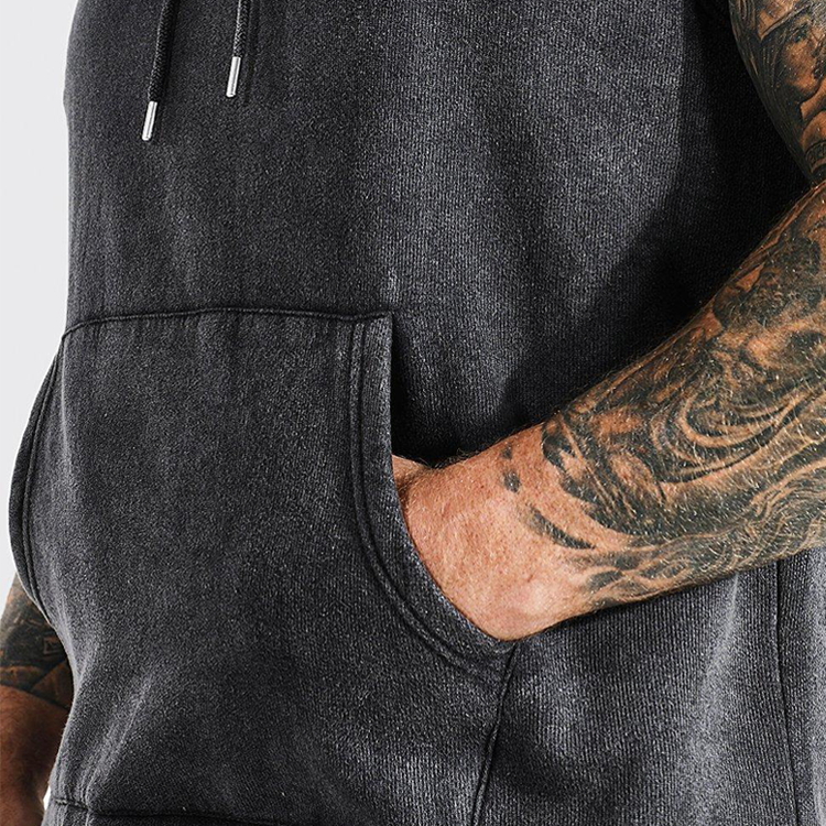 Custom Logo Muscle Vintage Wash Sleeveless Hoodie For Men With Kangaroo Pocket detail pictures