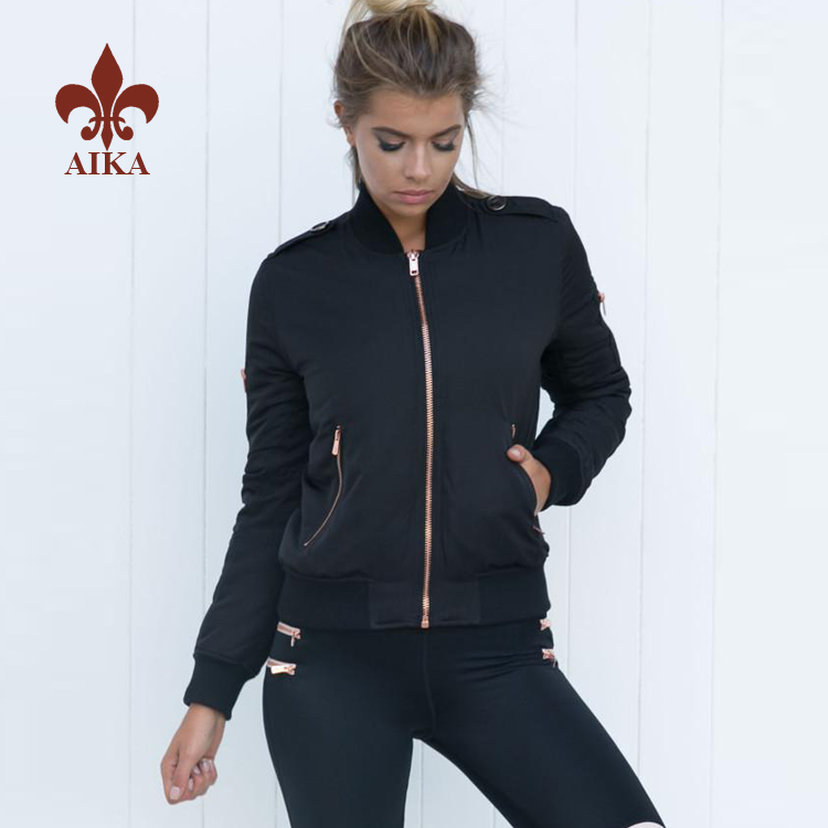 High quality Custom Ribbed collar black bodybuilding running varsity jackets for women