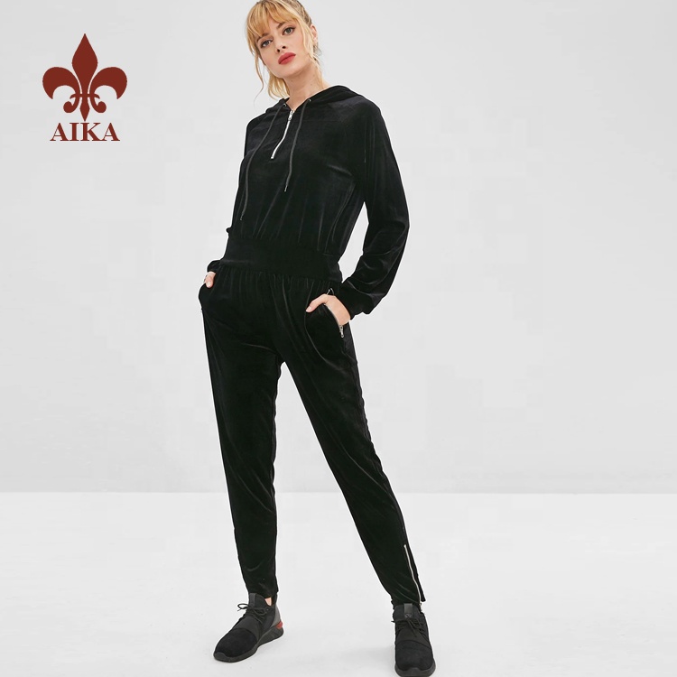 High quality Custom zipper design plain black gym pullover hoodies for women