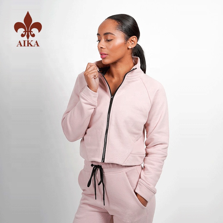 High quality 80% cotton 20% polyester velour fabric custom gym zippered crop hoodies women