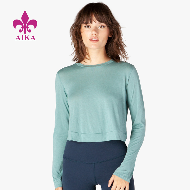 Women Sport Clothing Back Out Reversible Cropped Pullover Long Sleeve Top T-shirt