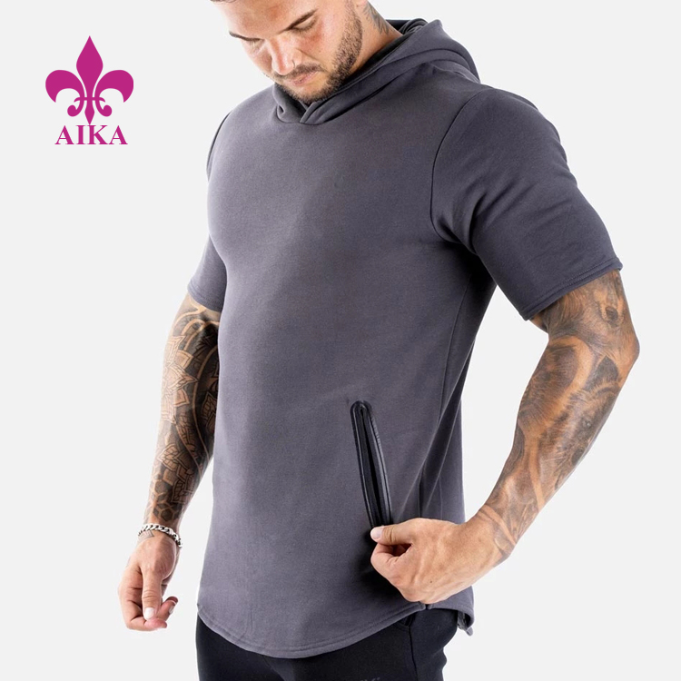 Zipper Pockets Design Shorts Sleeves Hoodies Sports Clothing Compression Gym Wear For Mens