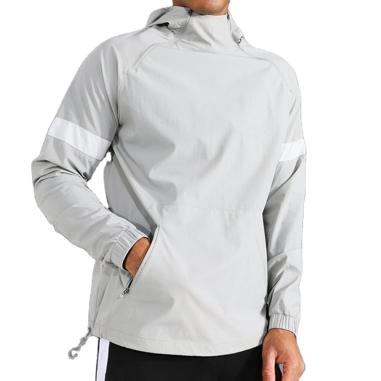 Factory Price Woven Nylon Spandex Gym Windbreaker Hoodie With Zip Kangaroo Pocket
