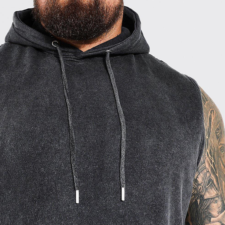 Custom Logo Muscle Vintage Wash Sleeveless Hoodie For Men With Kangaroo Pocket detail pictures