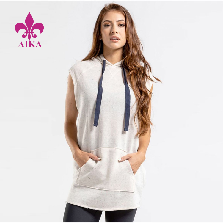 Wholesale women sleeveless hoodies regular fit long length gym fitness wear running pullover sweatshirt