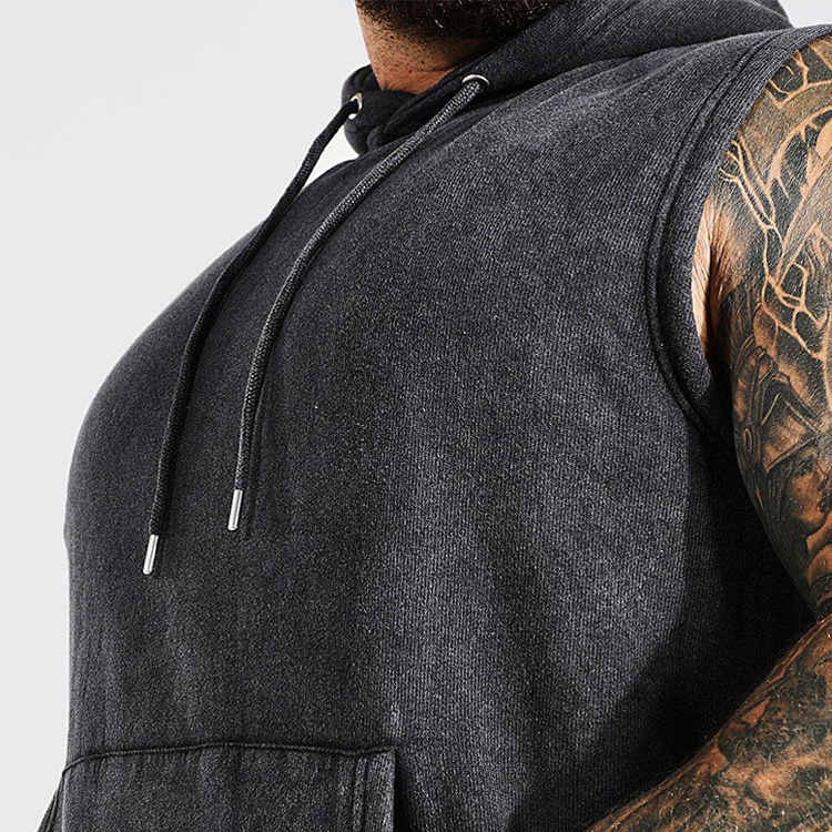 Custom Logo Muscle Vintage Wash Sleeveless Hoodie For Men With Kangaroo Pocket detail pictures