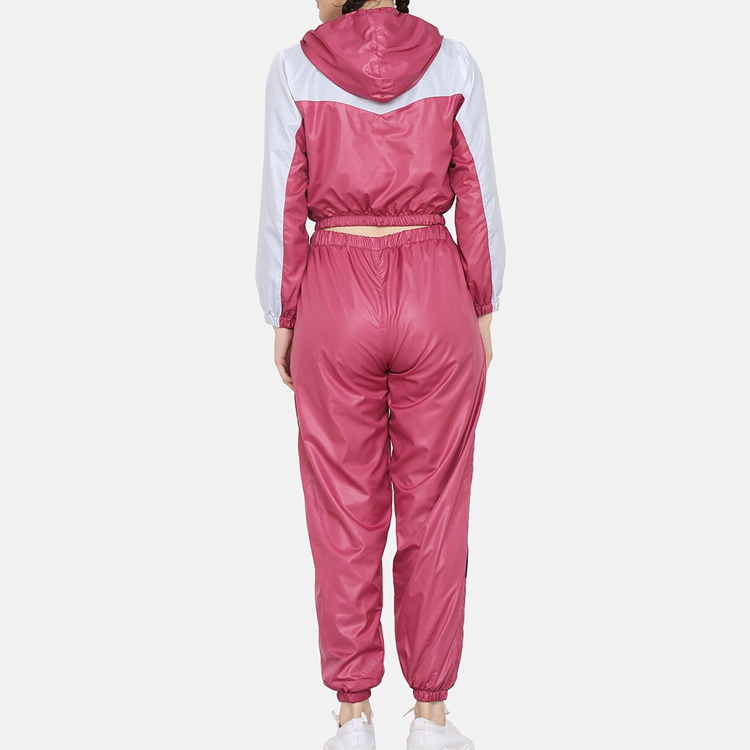 Fashion Design Breathable Contrast Color Woven Crop Top Gym Tracksuit For Women detail pictures