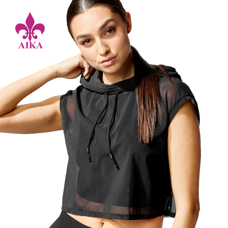 Custom Sports Wear Lightweight Sleeveless Mesh Crop Hoodie Gym Sweatshirt for Women