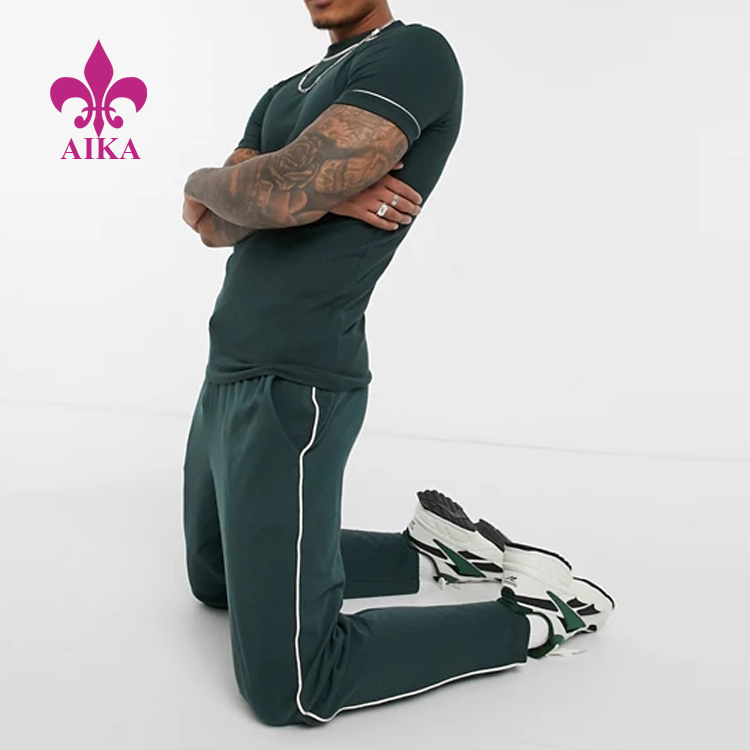 Online Exporter Gym Cotton Jogger – Men Sport Running Wear Logo Printing Solid Color Side Stripe Green Sweat Pants – AIKA detail pictures