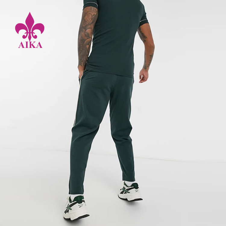 Online Exporter Gym Cotton Jogger – Men Sport Running Wear Logo Printing Solid Color Side Stripe Green Sweat Pants – AIKA detail pictures