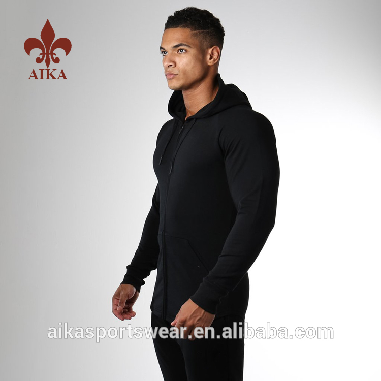 Factory wholesale Sports Pants Jacket – 2019 Wholesale Custom 95% cotton 5% spandex stronger mens slim fit thick black gym hoodies – AIKA detail pictures