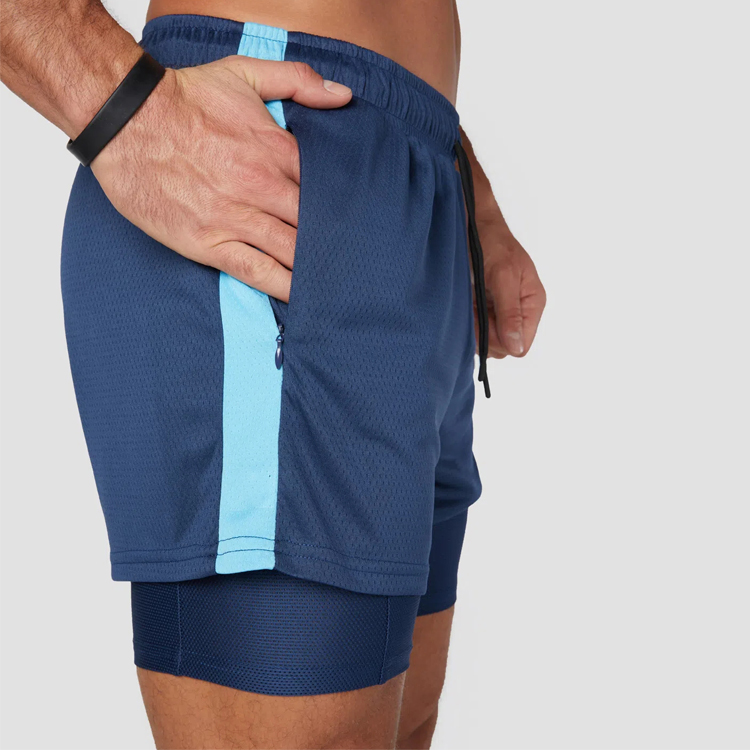 OEM Drawstring Waist Side Strip Fitness Athletic 2 In 1 Mesh Gym Shorts Custom Logo For Men detail pictures