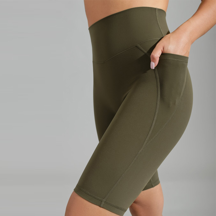 High Stretch Polyester No Front Seam Pocket Biker Yoga Shorts Custom Logo For Women