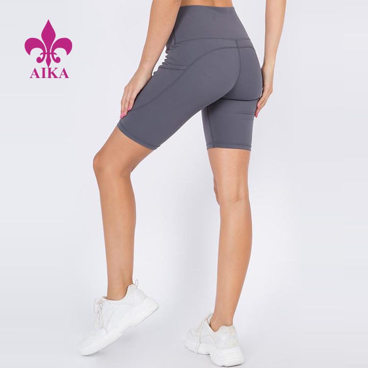 Wholesale Custom Stretchable High Waist Classic Yoga Biker Shorts With Pockets For Women detail pictures