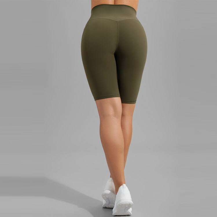 High Stretch Polyester No Front Seam Pocket Biker Yoga Shorts Custom Logo For Women detail pictures