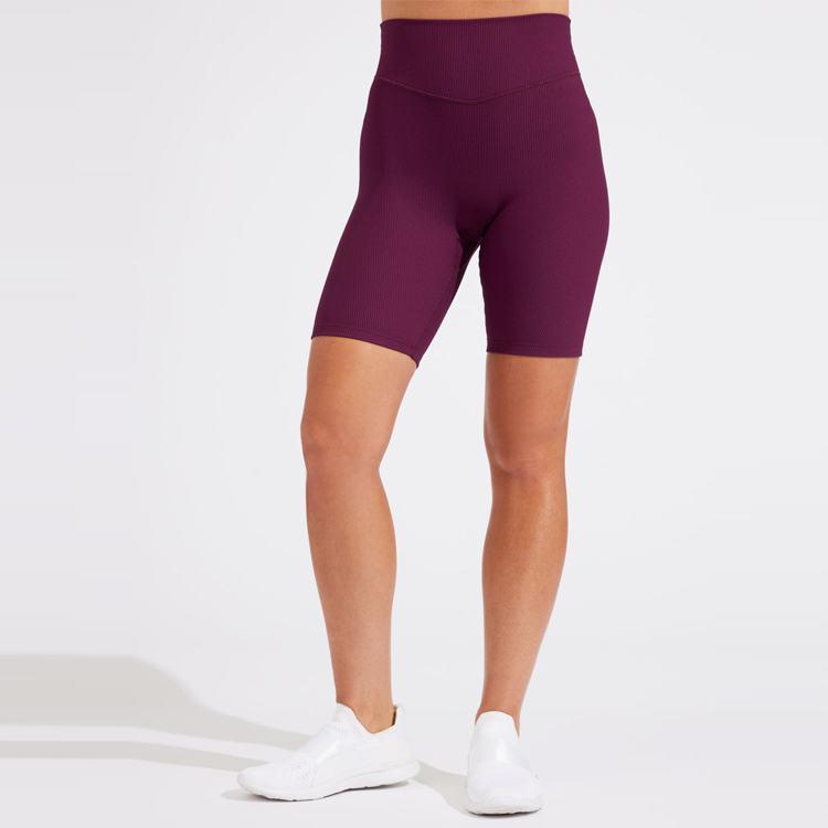 Custom Four Way Stretch No Front Seam Women High Waist Ribbed Yoga Biker Shorts