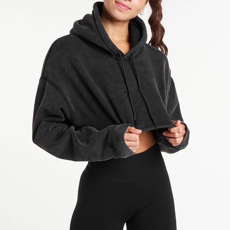 Wholesale Acid Washed 100% Cotton Embossed Logo Women Crop Blank Hoodies detail pictures