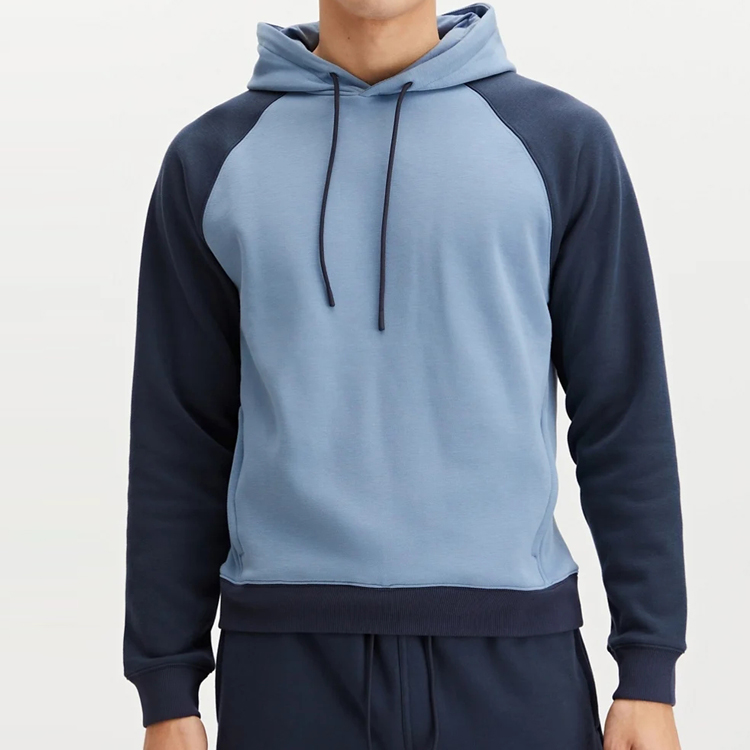 French Terry Cotton Raglan Sleeve Pullover Men Color Block Hoodies With Zipper Pocket