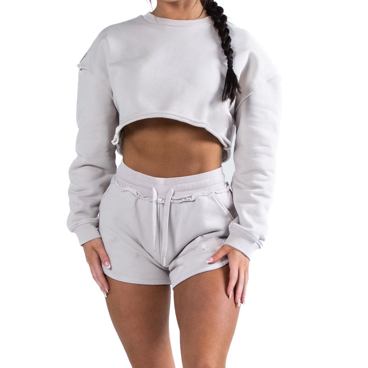 80% Cotton 20% Polyester Raw Edge Plain Crop Crew Neck Women Sweatshirts Custom Logo detail pictures