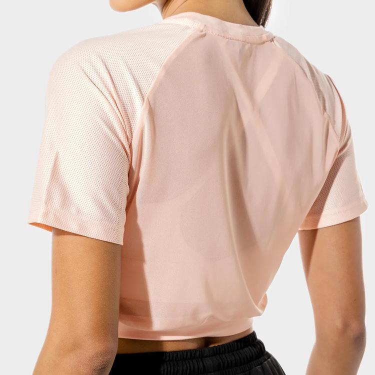 Wholesale Sweat Wicking Elastic Bottom Mesh Panel Custom Fitness Crop T Shirts For Women detail pictures