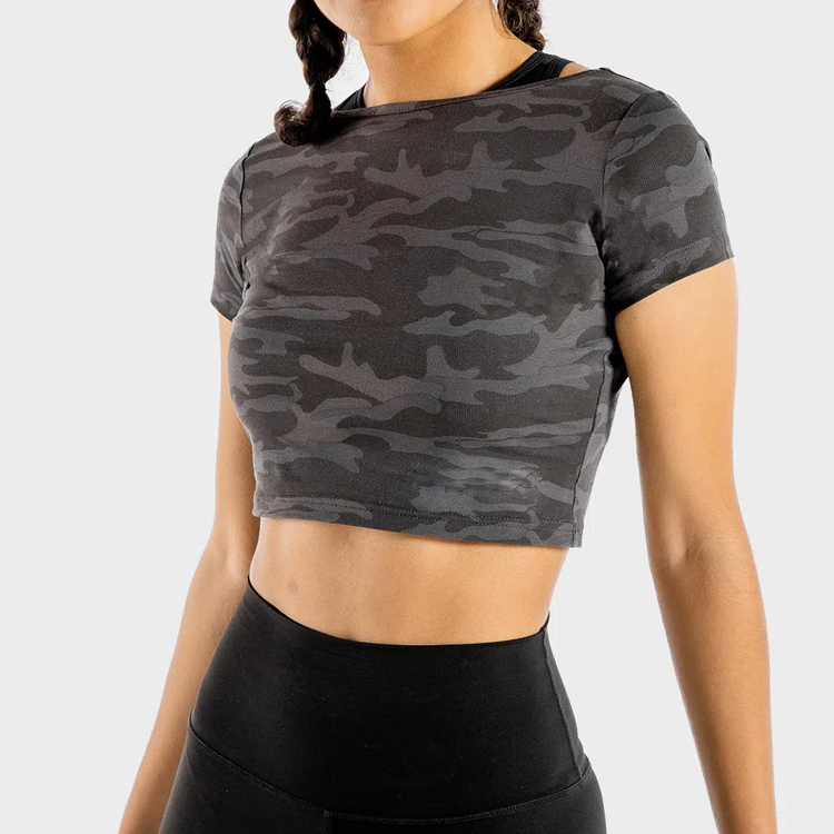Custom Fitness Gym Shorts Sleeve Camouflage Workout Crop T Shirts For Women