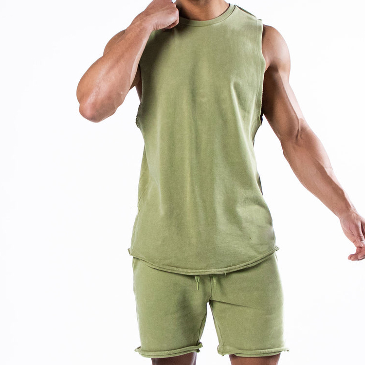 OEM High Quality French Terry Cotton Cut Off Men Custom Plain Fitness Workout Tank Tops detail pictures