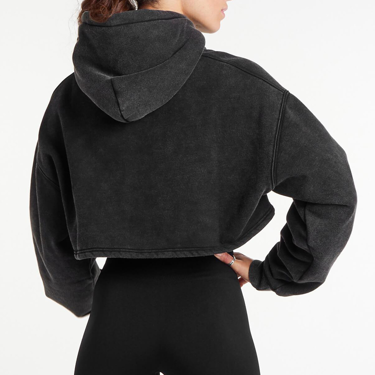 Wholesale Acid Washed 100% Cotton Embossed Logo Women Crop Blank Hoodies detail pictures