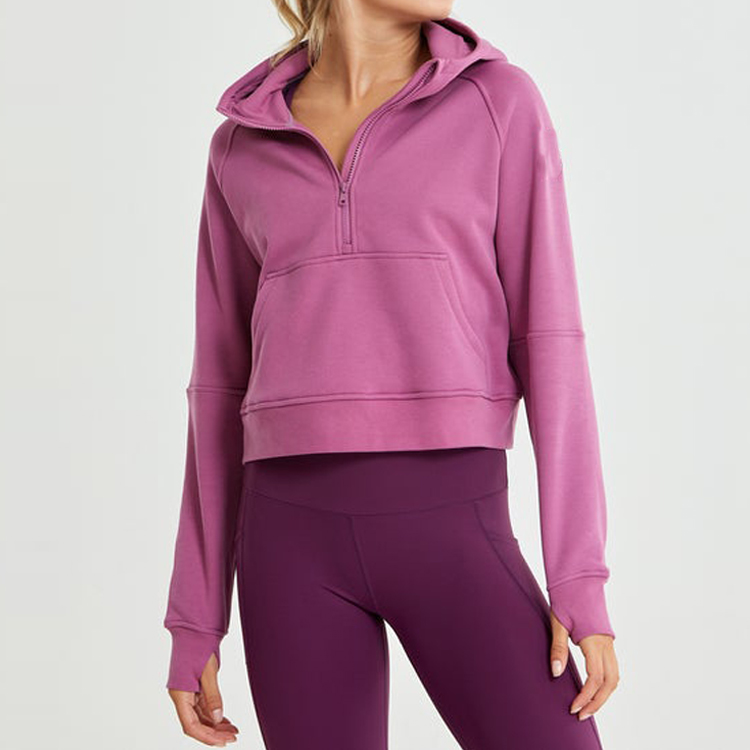 Wholesale High Quality Front Quarter Zip Fleece Cotton Custom Plain Crop Hoodie For Women