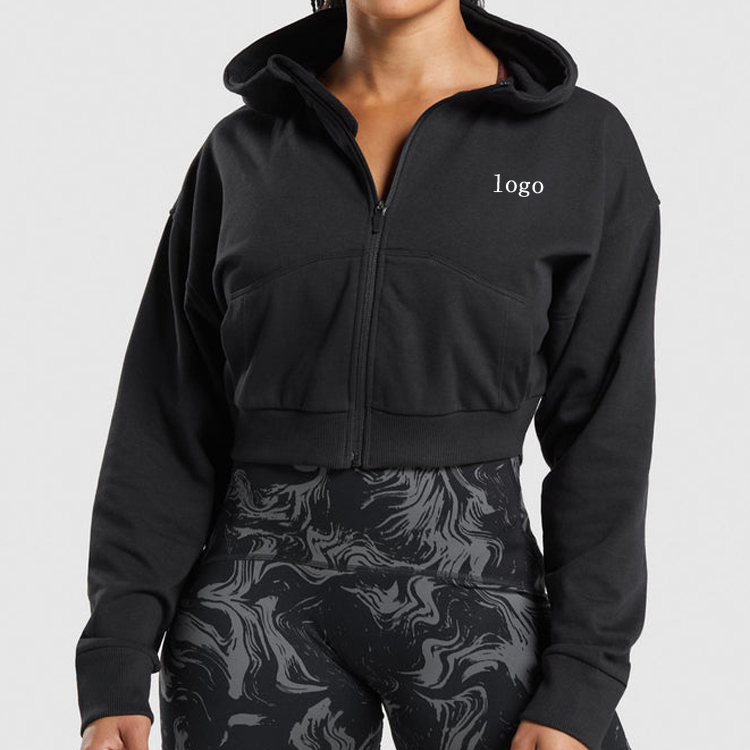 High Quality 60%Cotton 40%Polyester Custom Full Zipper Crop Workout Hoodies For Women