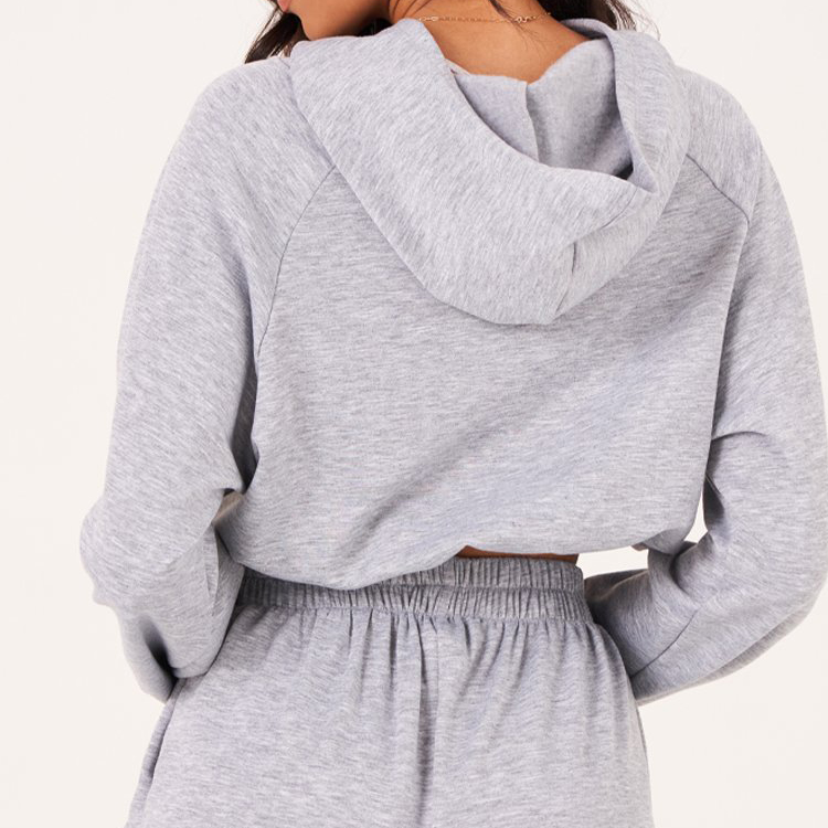 New Style Custom Logo Drawstring Bottom Raglan Sleeve Plain Crop Cotton Hoodies For Women detail pictures