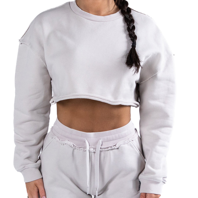 80% Cotton 20% Polyester Raw Edge Plain Crop Crew Neck Women Sweatshirts Custom Logo detail pictures